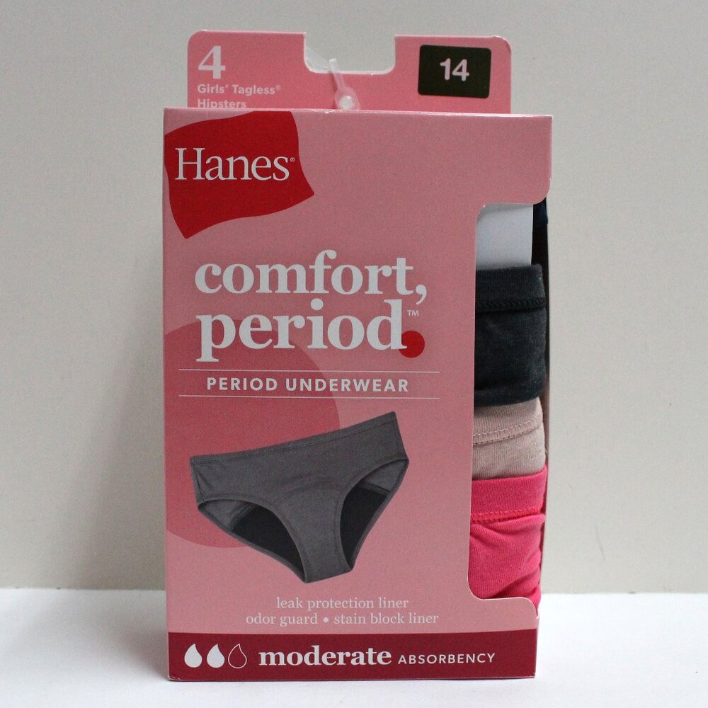 Hanes 4 Pair Girls Tagless Size 14 Hipster Moderate Absorbency Period Underwear